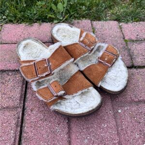 Birkenstock suede shearling slip on sandals